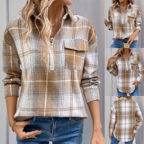 Fashion Half-zipper Long Sleeve Plaid Shirt