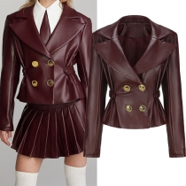 Fashion Notch Lapel Long Sleeve Double-breasted Long Sleeve Artificial Leather PU Crop Jacket
