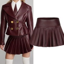Fashion High-rise Pleated Artificial Leather PU Skirt