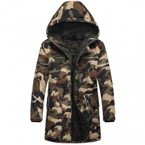 Fashion Hooded Long Sleeve Warm Plush Lined Camouflage Printed Coat for Men