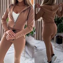 Fashion Button Two-piece Set Consist of Crop Sweat-jacket and Sweatpants