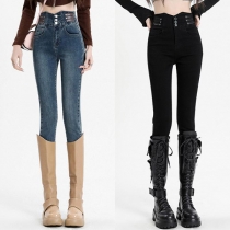 Fashion Button High-rise Plush Lined Skinny Old-washed Denim Jeans