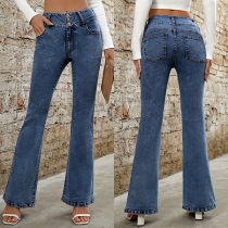 Fashion Button High-rise Flare Old-washed Denim Jeans