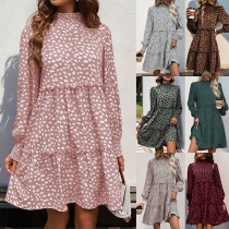 Fashion Printed Mock Neck Long Sleeve Tiered Mini Dress