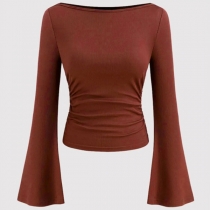 Fashion Boat Neck Trumpet Long Sleeve Ruched Shirt