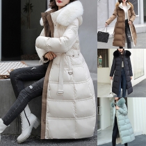 Fashion Plush Spliced Hooded Long Sleeve Quilted Longline Jacket for Women with Belt