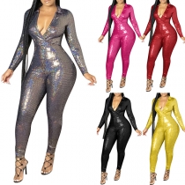 Sexy Bling-bling Polo V-neck Long Sleeve Slim-fit Jumpsuit