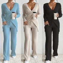 Fashion Ribbed Two-piece Set Consist of Cross Shirt and Straight-cut Pants