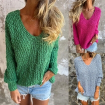 Casual Solid Color V-neck Long Sleeve Loose Sweater
