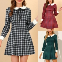 Fashion Polo-neck Long Sleeve Plaid Mini Dress