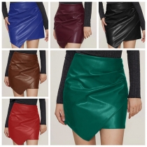 Fashion Solid Color High-rise Irregular Hemline Artificial Leather PU Skirt