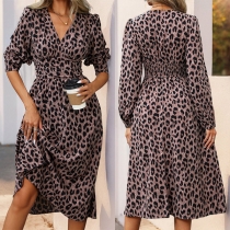 Fashion Leopard Printed V-neck Long Sleeve Cinch Waist Midi Dress