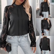 Fashion Lace Spliced Mock Neck Long Sleeve Shirt