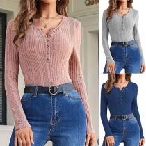 Fashion Button V-neck Long Sleeve Ribbed Shirt