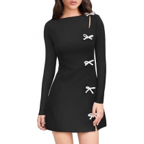 Fashion Crew Neck Side Bowknot Decoration Long Sleeve Mini Dress