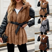 Fashion Hooded Artificial Leather Long Sleeve Self tie Plush Jacket