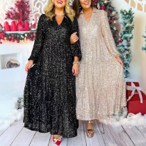 Fashion Bling-bling Sequined Polo V-neck Long Sleeve Tiered Dress