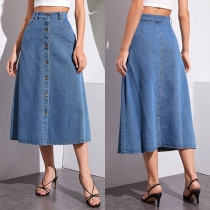 Fashion High-rise Front Button Old-washed Denim Skirt