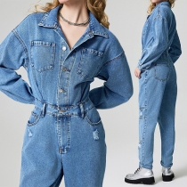 Street Fashion Distressed Polo Neck Long Sleeve Front Button Old-wash Denim Jumpsuit