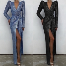 Sexy Bling-bling Sequined V-neck Puff Long Sleeve Front Slit Maxi Party Dress