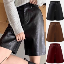 Fashion Solid Color High-rise Artificial Leather PU Shorts