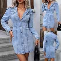 Fashion Polo Neck Long Sleeve Front Button Cinch Waist Old-washed Denim Dress