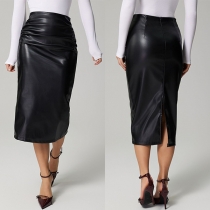 Fashion Solid Color High-rise Ruched Back Slit Artificial Leather PU Skirt