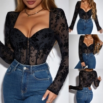 Sexy Jacquard Sweetheart Neckline Long Sleeve Corset Bodysuit