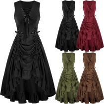Vintage Lace-up V-neck Sleeveless Side Drawstring High-low Hemline Maxi Dress
