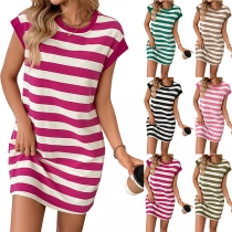 Casual Contrast Color Stripe Crew Neck Sleeveless Mini Dress