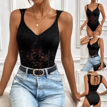 Sexy V-neck Sleeveless Backless Lace Bodysuit