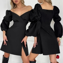 Sexy Sweetheart Neckline Puff Long Sleeve High-rise Side Slit Black Dress
