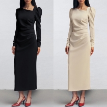 Elegant Solid Color Irregular Neckline Puff Long Sleeve Ruched Bodycon Dress