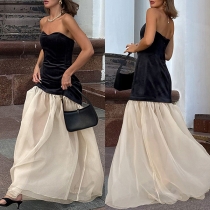 Elegant Contrast Color Strapless Maxi Party Dress
