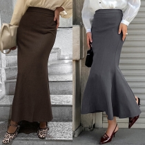 Elegant Solid Color High-rise Fishtail Hemline Maxi Skirt