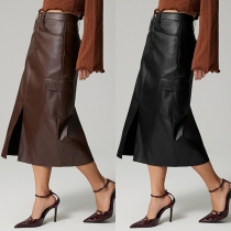 Elegant Solid Color Side Patch Pockets Front Slit Artificial Leather PU Skirt