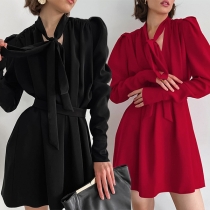 Elegant Solid Color V-neck Puff Long Sleeve High-rise Self-tie Mini Dress