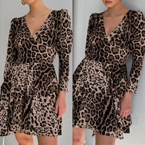 Sexy Leopard Printed V-neck Long Sleeve Mini Dress