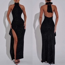 Sexy Bling-bling Halter Neck Side Slit Maxi Party Dress
