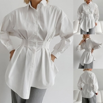Fashion Stand Collar Front Button Long Sleeve Cinch Waist Blouse