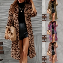 Fashion Leopard Print Lapel Long Sleeve Plush Longline Jacket