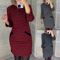 Fashion Crew Neck Long Sleeve Side Pockets Printed Mini Dress