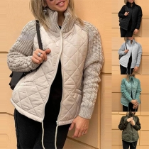 Street Fashion Knitted Collar Long Sleeve Front Zipper Quilted Coat