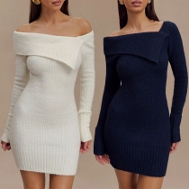 Fashion Off-the-shoulder Long Sleeve Bodycon Ribbed Dress