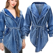 Fashion Lapel Hooded Long Sleeve Self-tie Old-washed Denim Jacket