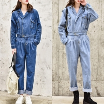 Fashion Notch Lapel Long Sleeve Cinch Waist Old-washed Denim Jumpsuit