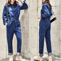 Fashion Polo Neck Long Sleeve Front Button Elastic Waist Denim Jumpsuit