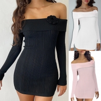 Sexy Off-the-shoulder 3D Floral Decoration Long Sleeve Ribbed Bodycon Dress