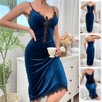 Sexy Lace Spliced V-neck Bowknot Backless Nightwear Dress