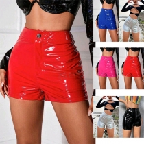 Fashion Bright Color High-rise Artificial Leather PU Shorts